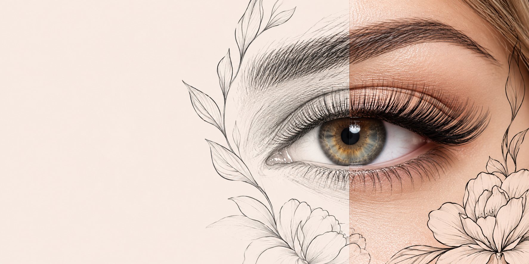 Lash and brow artistry: a sketched eye blending into real lashes and brows