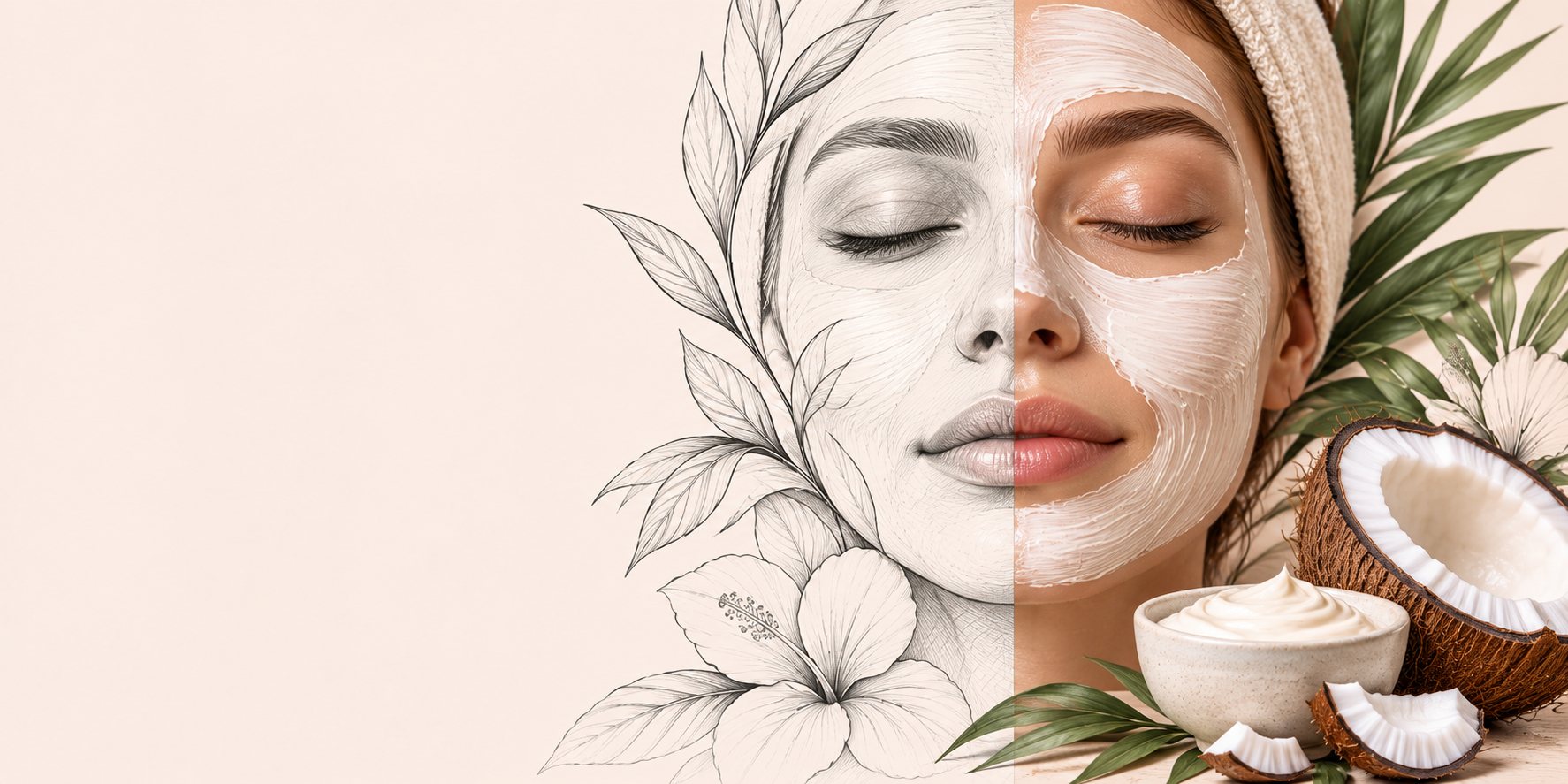 Organic facial: a sketched face blending into a real hydrating mask with coconut and botanicals