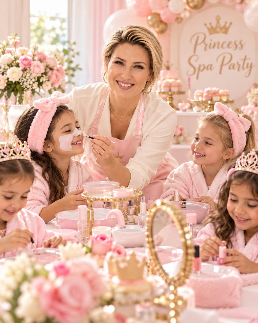 Beatrisa giving a mini facial at a princess spa party