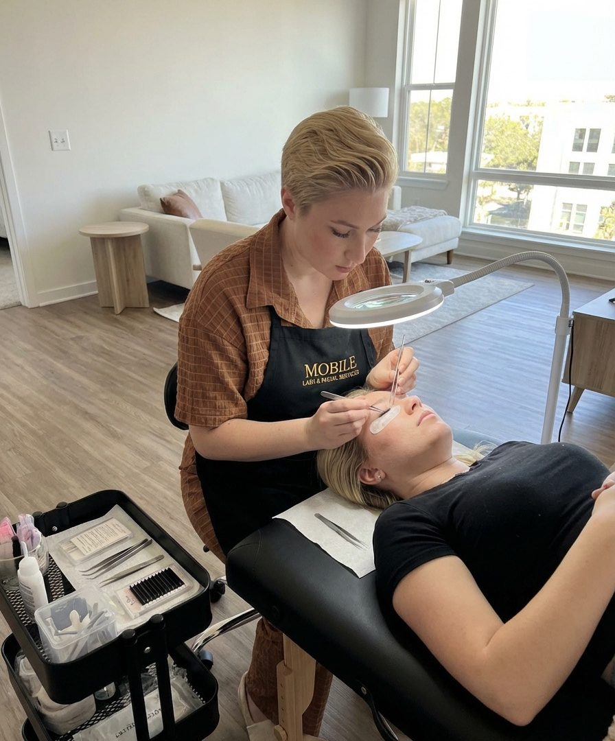 Beatrisa applying lash extensions in a client’s home