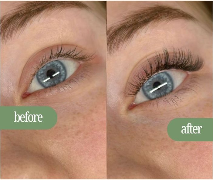 Before and after lash extensions on a client with blue eyes