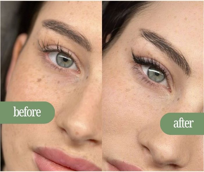 Before and after lash extensions on a client with green eyes