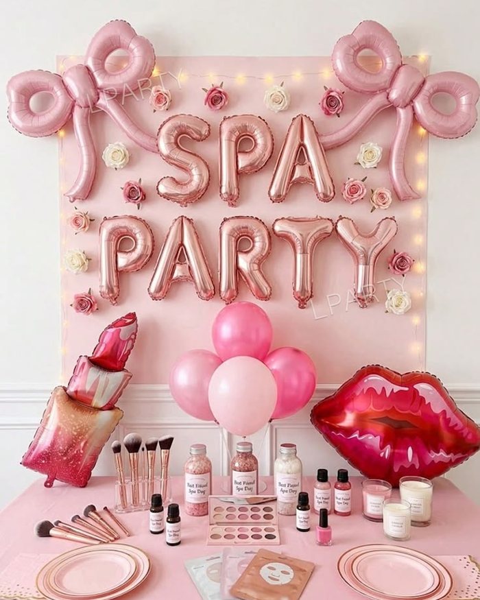 Pink spa party backdrop with balloons