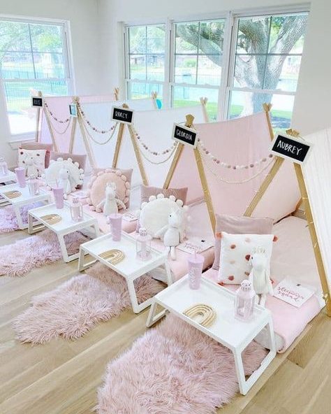 Pink sleepover tents and trays